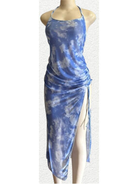 Y2K Blue Cloud Print 3PC Bikini Set + Sheer Mesh Halter Cover Up Dress Size M